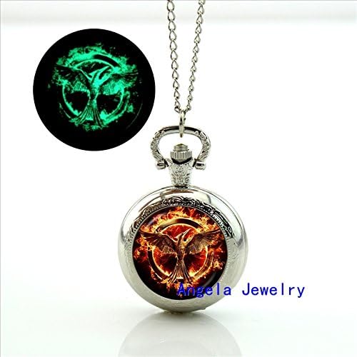 Pretty Lee Fashion Firebird Glowing Pocket Watch Necklace The Huger Games Jewelry Glass Glowing Pocket Watch