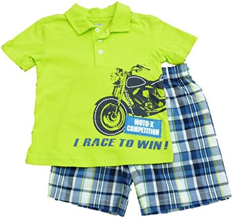 Toddler Boys Moto-X Green Collared Motorcycle Shirt & Plaid Shorts Set 2T