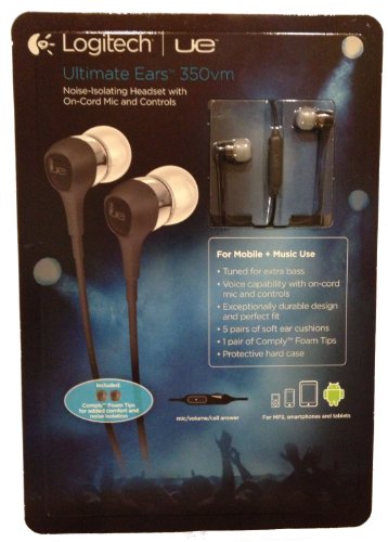 Logitech Ultimate Ears 350vm Bundle with Smartphone Adapter, Protective Hard Case, Comply Foam Tips, 5 pairs of soft ear cushions and Shirt Clip