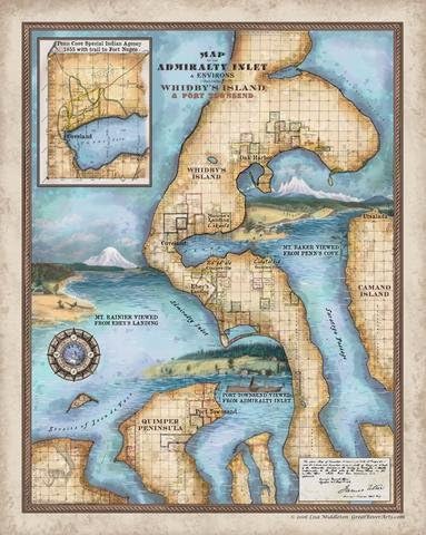 181-Map of Admiralty Inlet and Environs, including Whidby's Island and Port Townsend, Antique Map Print