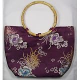 Bamboo Handle Synthetic Silk Chrysanthemum Handbag - Burgundy