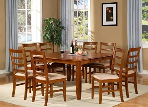 East West Furniture PARF9-SBR-C 9-Piece Parfait Square Table with 18 in. Butterfly Leaf & 8 Microfiber upholstered Seat Chairs in Saddle Brown Finish