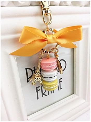 HUATIAN Birthday Gift Cake Keychain With Box France Paris LADUREE Effiel Tower Macarons Ribbon Keyrings Bag Charm Accessories (yellow)