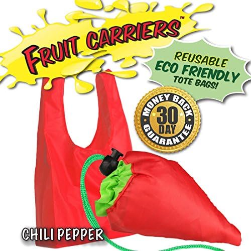 FRUIT CARRIERS 4 Pack: Eco-friendly, Reusable Shopping Tote Bags Available in 6 Fun Designs! Grapes, Pineapple, Carrot, Kiwi, Strawberry and Chili Pepper. (Chili Pepper)