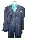 Tayion Collection Charcoal Grey/Turquoise Pinstripes With Turquoise Hand-Pick Stitching Super 150's Wool Vested Wideleg Suit