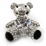 Cute CZ Teddy Bear Brooch (Silver Tone)