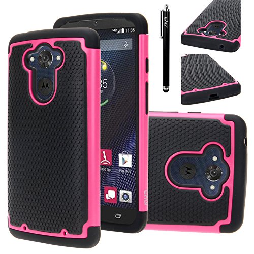 Droid Turbo Case, Moto Droid Turbo Case, E LV Droid Turbo Case Cover - Dual Layer Hybrid Armor Defender Protective Case Cover for Motorola Moto Droid Turbo XT 1254 with 1 Stylus - HOT PINK