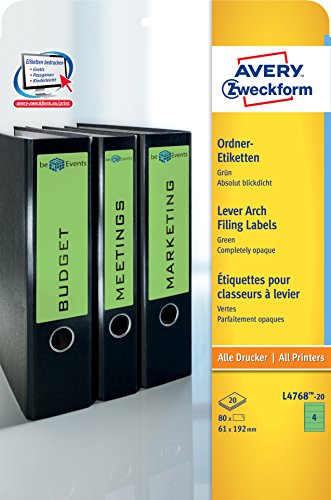 AVERY ZweckformL4768-20 Folder Labels for Wide Folders Short e.g. for Leitz Elba Mehle Bene Biella 192 x 61 mm 20 Sheets