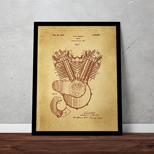 1923 Harley Davidson Motor Original Patent Print Framed Poster - A Unique Gift in Smooth Black Finish Wood Frame (18"x24")