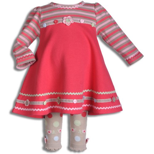 Letop Cute as a Button Thermal Weave Dress and Footless Tight Set, Pomegranate, 6 Months