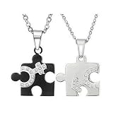 2 Freundschaftsketten Halskette Puzzle Love Anhänger Zirkonia Farbe: Silber und Schwarz