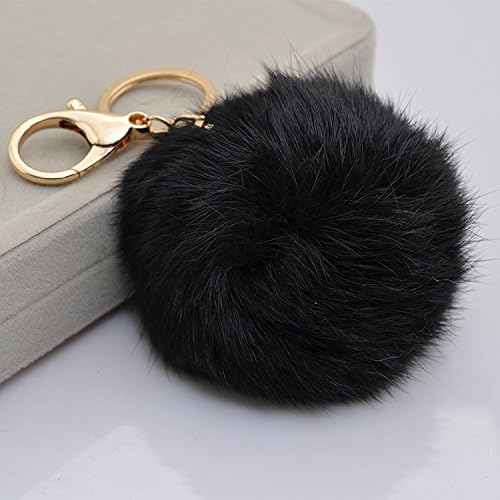 18 K Gold Plated Keychain with Plush Cute Genuine Rabbit Fur Key Chain for Car Key Ring or Bags 0025 (black)