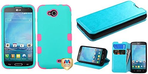 Combo pack MYBAT Rubberized Teal Green/Electric Pink TUFF Hybrid Phone Protector Cover for LG D415 (Optimus L90) And MYBAT Blue MyJacket Wallet(with Tray)(564) (with Package) for LG D415 (Optimus L90)