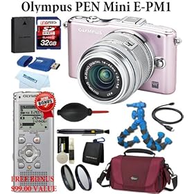 Olympus PEN Mini E-PM1 12.3 MP Digital Camera kit with 14-42mm II Lens (Pink) + BONUS Olympus Voice Recorder WS-600S + LEXSpeed 32GB SDHC Memory Card + Extra PS-BLS1 Battery + Lowepro Deluxe Camera Bag + 3pc 37mm Multi-Coated Essential Filter Kit + Flexpod