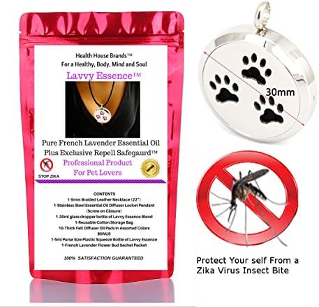 Maximum Zika Mosquito Repellent, Lavvy Essence Complete Kit, Essential Oil Aromatherapy Necklace and Paw Print Pendant
