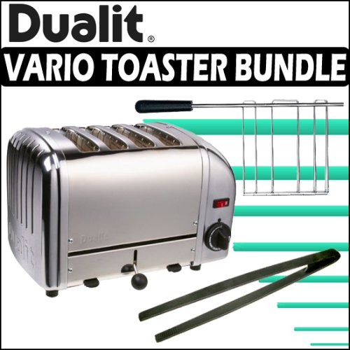 Dualit (40415) Vario Chome 4-SLICE Classic Toaster w/ Dualit Sandwich Cage and Kuhn Rikon Silicone Tongs - Dualit ADUA40415K1