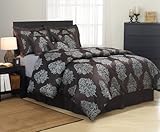 7 Pieces Brown with Silver Jacquard Floral Comforter 88" x 90" Bed-in-a-bag ....