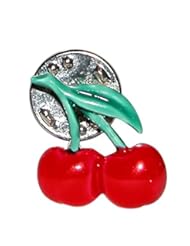 Jewelry: Vintage Enamel Cherry Tack Pin, Signed Jj, Quality Made in USA!, in Red with Green Finish - GirlPROPS