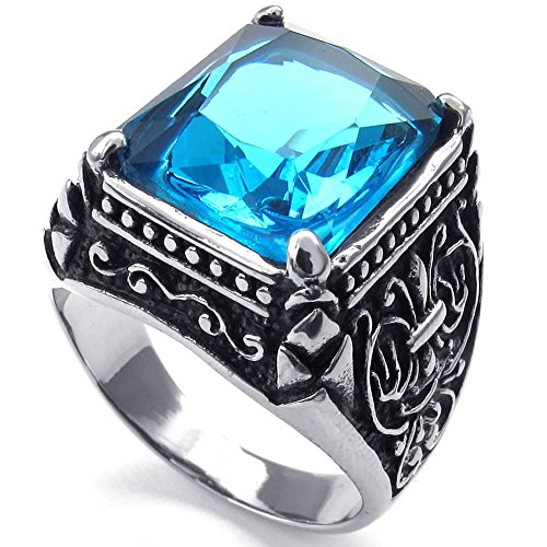 KONOV Mens Crystal Stainless Steel Ring, Classic Gothic, Blue Silver