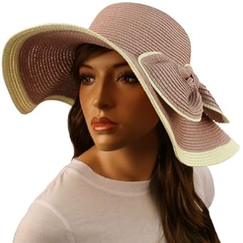50+ Upf Ribbon Bow Beach Summer Braid Wide Brim Floppy Sun Hat Cap Pink 57cm