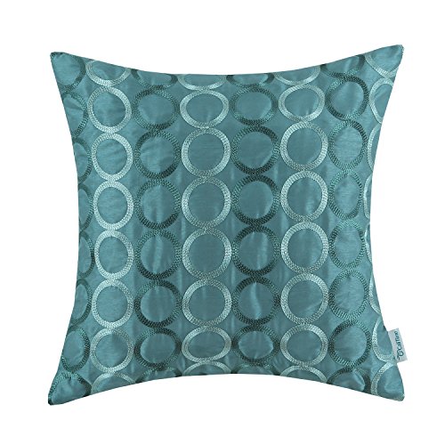 CaliTime Contempo Decorative Throw Pillow Cushion Covers Pillowcase Shell Faux Silk Two-tone Circles Rings Chain Embroidered 18 X 18 Inches Teal