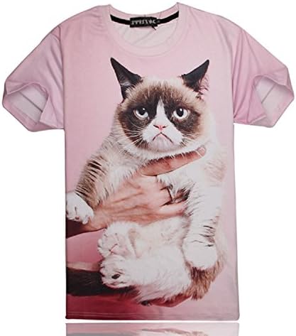 Longyang Men's 3D Print Pink Cat Graphic Slim Fit Short Sleeve O Neck Tshirt L