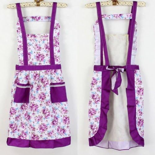Floral Print Womens Kitchen Waterproof Apron with 2 Pockets Cooking Cotton Apron Purple