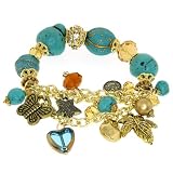 8.5" Gold Plated Fashion Elastic Charm Bracelet With CZ Turquoise and Crystals