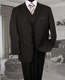 Review   / 3PC 3 BUTTON COLOR BLACK VESTED MENS SUIT WITH TAN PINSTRIPE BY: TESSORI UOMO. SUPER 150'S EXTRA FINE ITALIAN WOOL