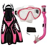 PROMATE Junior Snorkeling Scuba Dive PURGE Mask DRY Snorkel Fins Gear Set for kids - Pink - L XL
