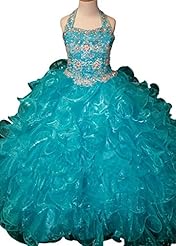 Girls Floor Length Organza Sequined Crystal Crystals  Lace Beaded Halter   Ball Gown Flower-Girl Dress/Pageant Dress  With Ruffles