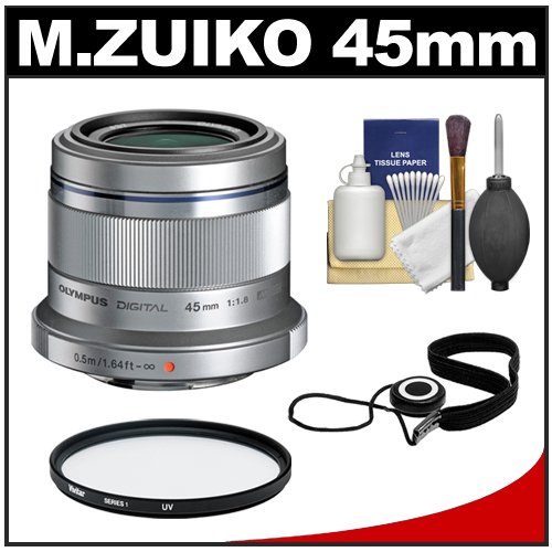 Olympus M.Zuiko 45mm f/1.8 ED Lens (Silver) with UV Filter + Cleaning Accessory Kit for Pen 4/3 Digital Cameras
