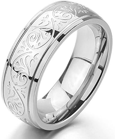 Guoqueen Men's Stainless Steel Ring Silver Engraved Florentine Design Ring US Size 5 Jewelry