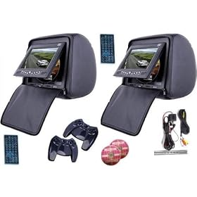 New Black Color Zipper Pair of Headrest 7" LCD Car Monitors with Sony Brand Laser Readers DVD player USB SD Inc. (2) Wireless remotes and 32 Bit Games