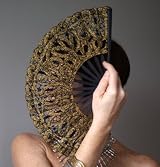 Renaissance Lace Hand Fan with Filigree Detail (Black & Gold)
