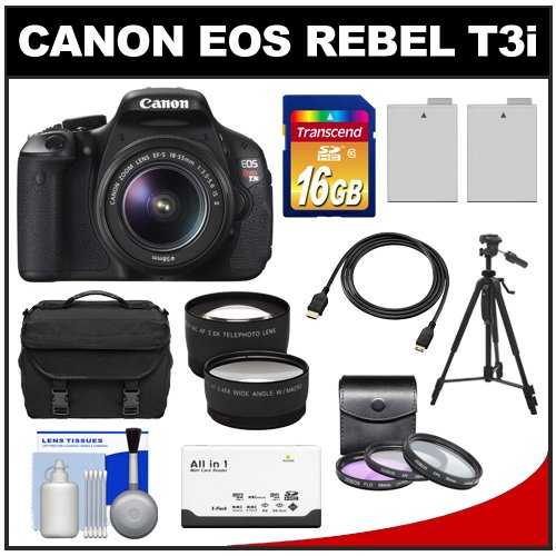 Canon EOS Rebel T3i Digital SLR Camera Body & EF-S 18-55mm IS II Lens + 16GB SDHC Card + Case + Tripod + 2 Batteries + Filters + HDMI Cable + Tele/Wide Lens Kit On Sale