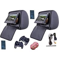 New Black Color Zipper Pair of Headrest 7 LCD Car Monitors with Sony Brand Laser Readers DVD player USB SD Inc. (2) Wireless remotes and 32 Bit Games