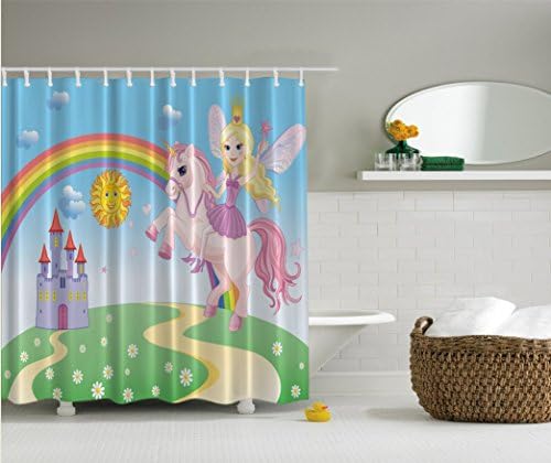 Girls Shower Curtains Princess, Rainbow, Castle, Unicorn Fabric with Hooks 69" X 70"