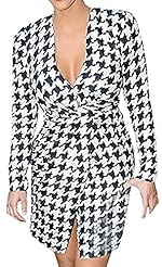 Sexy V-neck Houndstooth Print Long Sleeves Knee Length Midi Dress 