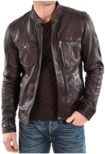 FarihaLeather Men's Lambskin Leather Bomber Biker Jacket-MJ460 XS Black