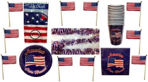 Patriotic USA Deluxe Party Pack for 20 Guests with Bonus Table Cover Flags and Garland - 74pc Set