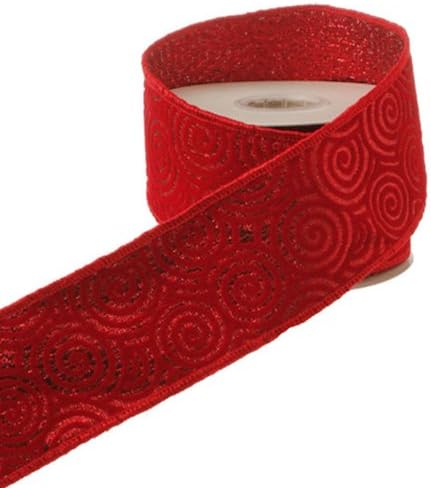 Red Flocked Circle Swirl Metallic Pattern Christmas Wired Ribbon, 2.5 Inch Wide X 10 Yards