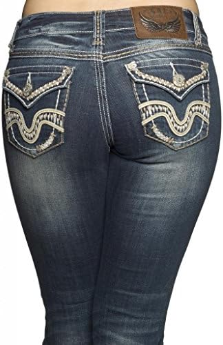 LA Idol Jeans Embroidered Wave Design Rhinestone Studded Embellished Dark Boot Cut Jeans Size 1