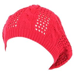 New Cotton Crochet Vented Knit Slouchy Beret Tam Hat Hotpink