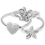 Sterling Silver Heart, Cubic Zirconia Butterfly & Flower Toe Rings, Set of 3