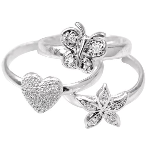 Sterling Silver Heart, Cubic Zirconia Butterfly & Flower Toe Rings, Set of 3