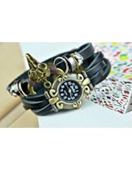 KANO BAK(TM) Fashion Weave Wrap Around Press Button Leather Retro Bracelet Woman Girl Unisex Cow Cowboy Wrist Nice Gift Watch Balck