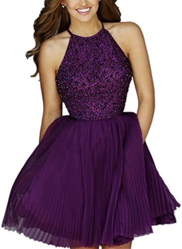 Short Beaded Halter A Line Tulle Keyhole Back Prom Homecoming Gown