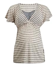 Maternity Short Sleeve Nude and Grey Stripe Empire Seam Nursing Top