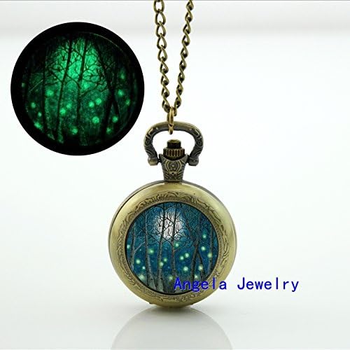 Pretty Lee Fashion Fireflies Glowing Pocket Watch Necklace Fireflies in Birch Forest Jewelry Glow in the Dark